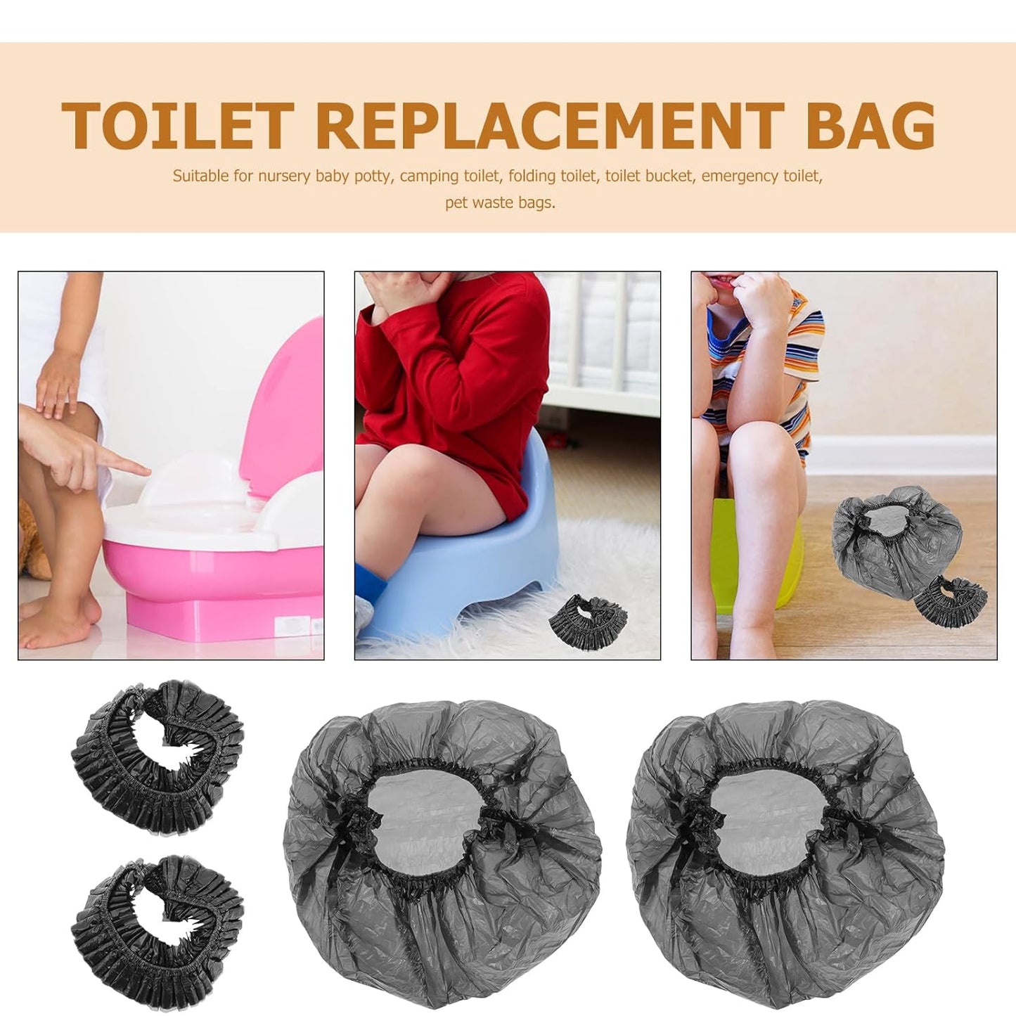 SAFIGLE Elastic Potty Liners 100 Pack Disposable Baby Toilet Trash Bags for Travel Portable Plastic Potty Chair Liners Bathroom Training