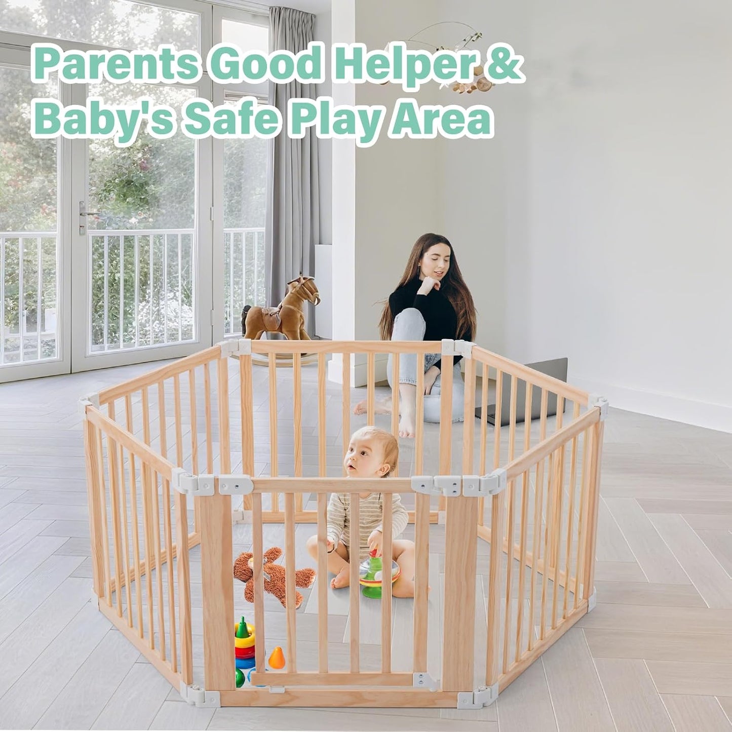 Foldable Wooden Playpen-51x51x25in-Large Baby Gate Playpen with Child-Proof Lock-Easy Assembly, Portable Design for Babies & Toddlers- Shape& Size Adjustable Baby Fence Play Area (Wood, 6 Panel)