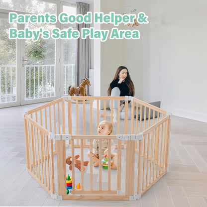 Foldable Wooden Playpen-51x51x25in-Large Baby Gate Playpen with Child-Proof Lock-Easy Assembly, Portable Design for Babies & Toddlers- Shape& Size Adjustable Baby Fence Play Area (Wood, 6 Panel)