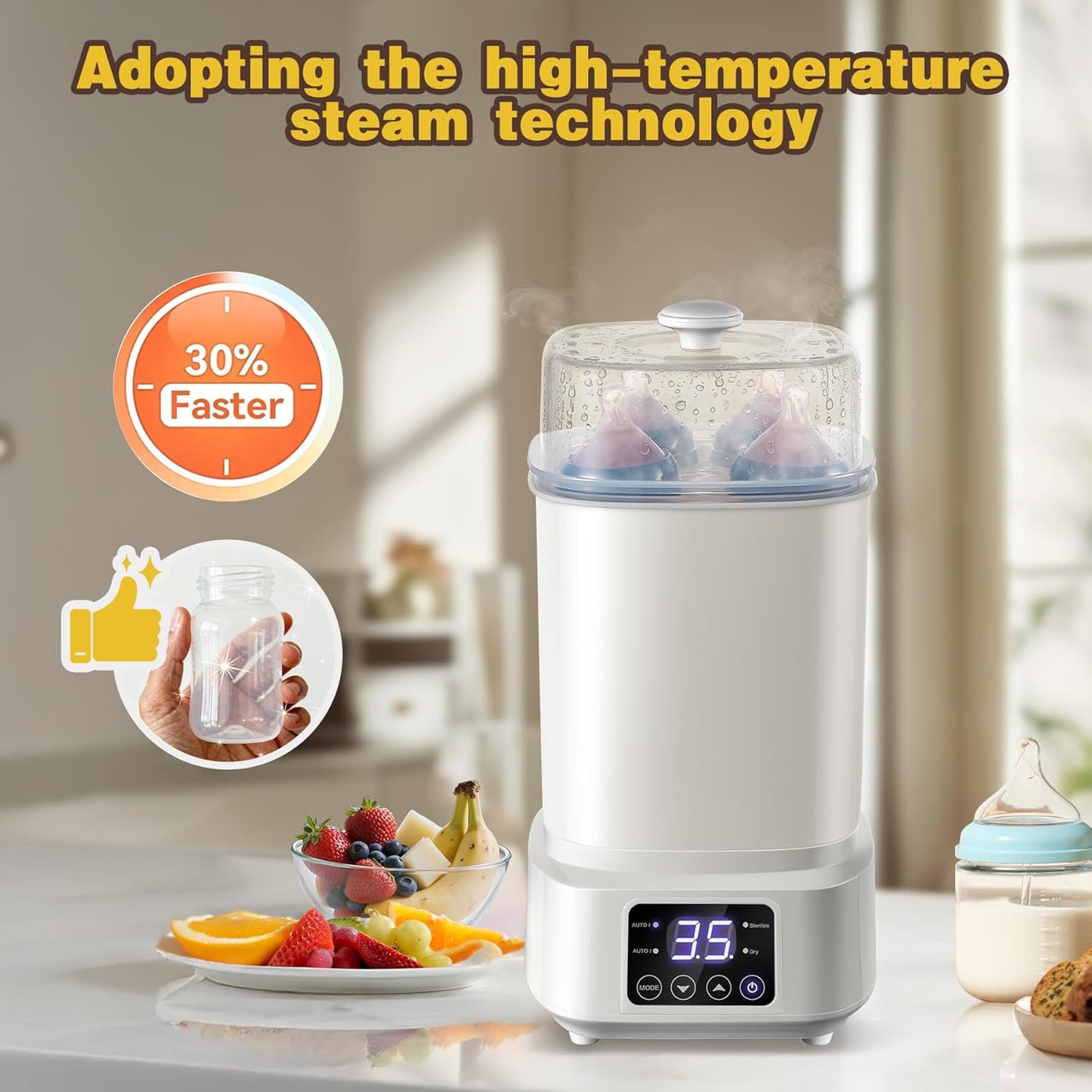 AMZBABYCHEF 4-in-1 Baby Bottle Steamer and Dryer, Electric Steamer with Fast Drying, Universal Fit for All Bottles, LED Touch Screen & Auto Shut-Off Protection (Grey)