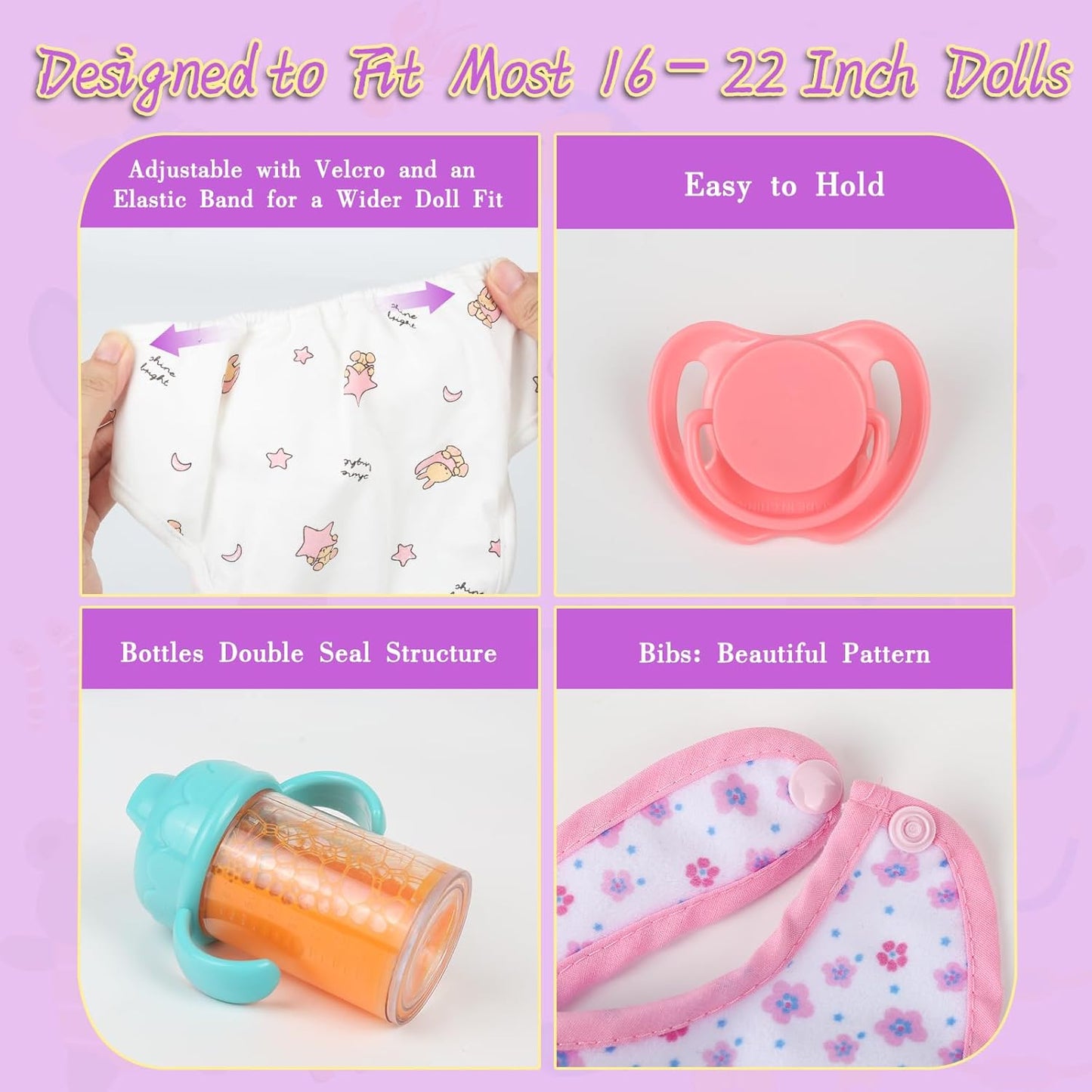 CARANOVO Baby Doll Accessories Set – 7 Pcs Feeding and Caring Set with Magic Disappearing Bottles, Pacifier, Diapers and Bibs Doll Pretend Play Gift for Kids
