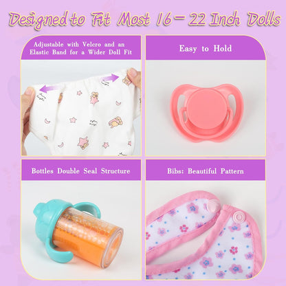 CARANOVO Baby Doll Accessories Set – 7 Pcs Feeding and Caring Set with Magic Disappearing Bottles, Pacifier, Diapers and Bibs Doll Pretend Play Gift for Kids