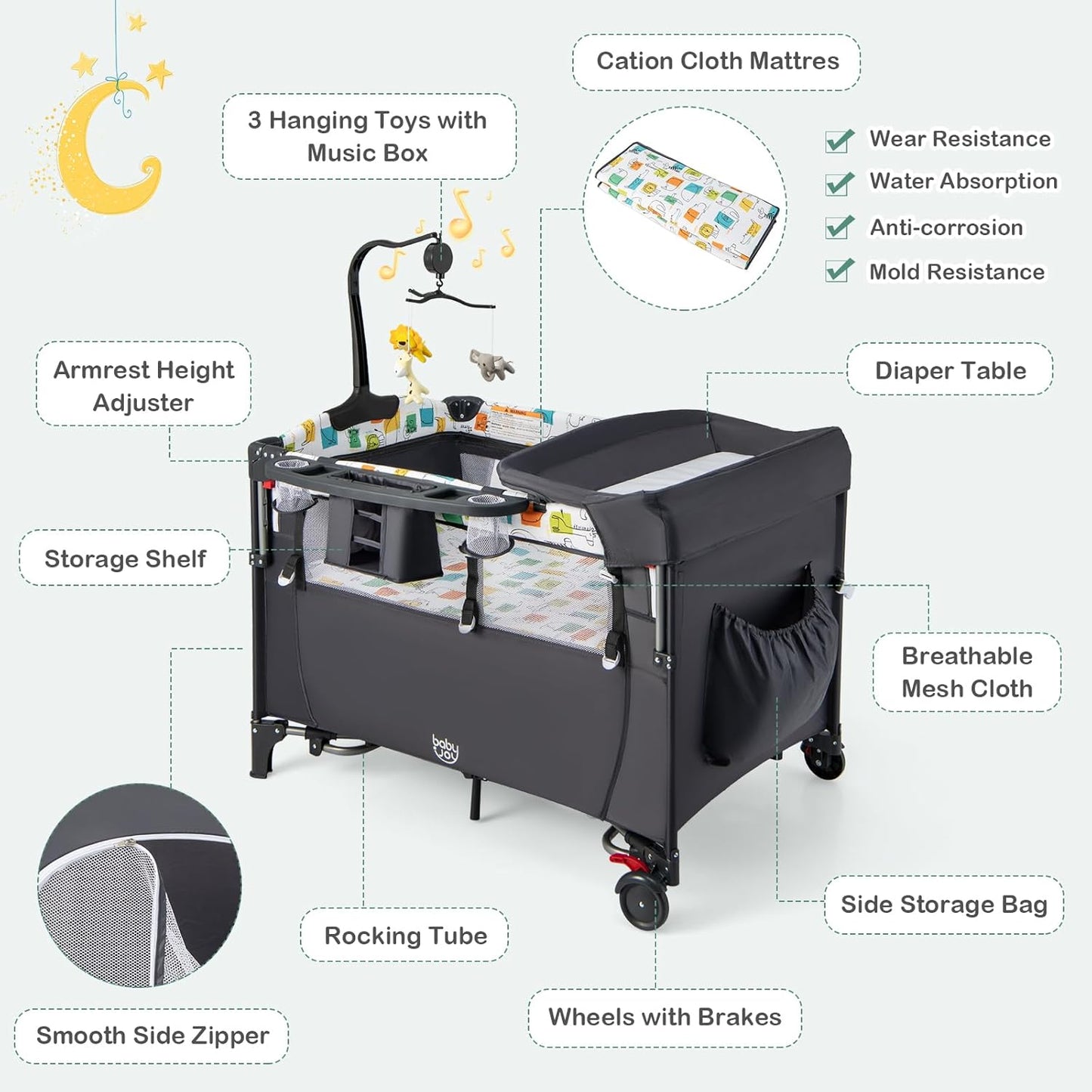 BABY JOY 5-in-1 Pack and Play, Baby Bedside Sleeper with Bassinet, Portable Baby Playard with U-Shaped Diaper Changer, Safety Strap, Multifunction Baby Bassinet Bedside Crib from Newborn to Toddlers
