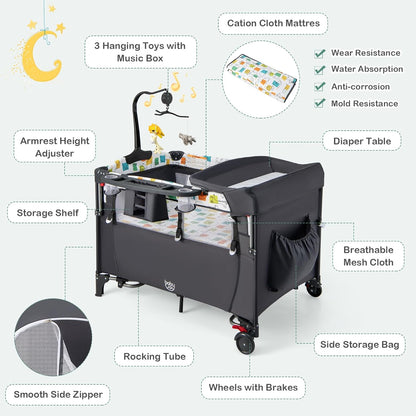 BABY JOY 5-in-1 Pack and Play, Baby Bedside Sleeper with Bassinet, Portable Baby Playard with U-Shaped Diaper Changer, Safety Strap, Multifunction Baby Bassinet Bedside Crib from Newborn to Toddlers