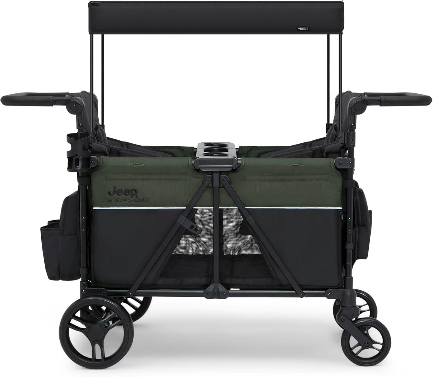 Jeep Aries Stroller Wagon by Delta Children Premium Wagon for 2 Kids with Convertible Seats, Adjustable Push/Pull Handles, Removable Canopy & Flat Fold - Greenguard Gold Certified, Black/Green