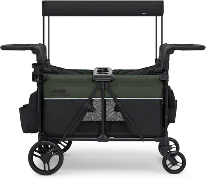 Jeep Aries Stroller Wagon by Delta Children Premium Wagon for 2 Kids with Convertible Seats, Adjustable Push/Pull Handles, Removable Canopy & Flat Fold - Greenguard Gold Certified, Black/Green