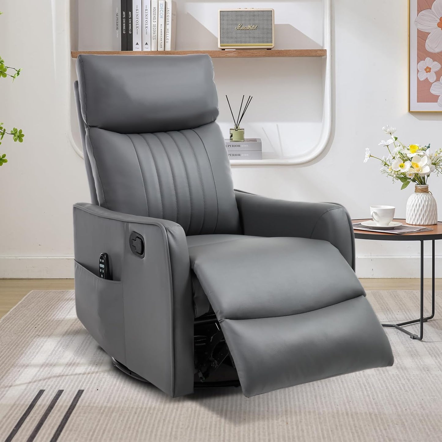 Trustyue Swivel Rocker Recliner Chair, 360° Swivel Recliner with Heat and Massage, Rocker Recliner Nursery Glider Chair with Side Pockets for Living Room (Beige, Fabric)