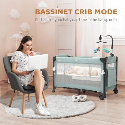 JOYMOR Baby Bedside Bassinet, Baby Bassinet, Pack n Play Convert Playpen, Quick Foldable Travel Bed with Wheels & Brake, Carry Bag for Boys Girls (Gray)
