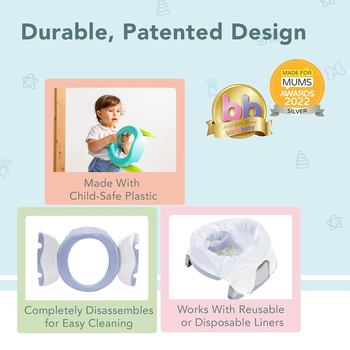 Kalencom Potette Plus 2-in-1 Travel Potty and Trainer Seat - Dual-Purpose Potty Training Toilet Seat - Portable Potty for Toddler Travel - with Durable, Lock-in Legs and Splash Guard - Pastel Mint