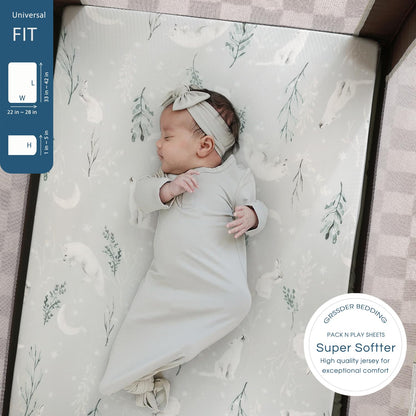 GRSSDER Stretch Ultra Soft Jersey Knit Fitted Pack n Play Playard Sheets Set 2 Pack，Fits Portable/Mini Cribs Sheets, Playards Mattress Pads, Stylish Watercolor Animals for Baby, Mint Green