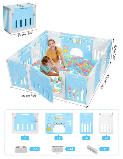 Baby Playpen, Dripex Baby Playard for Babies and Toddlers, 14-Panel Foldable Playpen Adjustable Portable Play Area, Indoor/Outdoor Kids Active Center with Game Panel & Safety Gate, Grey White