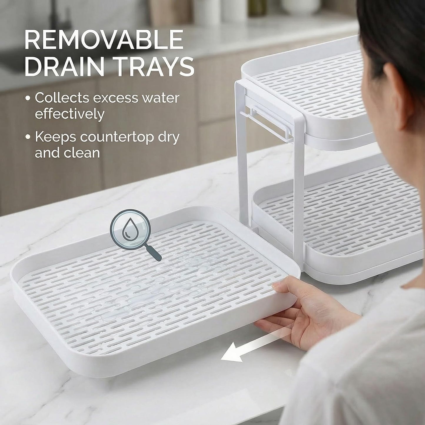 2-Tier Cup Drying Rack with Removable Drainboard, Rust-Proof Iron Mug Organizer, Multi-Purpose Bottle Drying Stand for Baby Bottles, Fruits, Vegetables, Countertop Space Saver, White