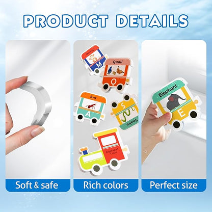iPlay, iLearn Bath Toy Organizer W/Foam Letters, Toddler Bathtub Toy W/Storage Net, 32 Floating Alphabet Train Puzzle Bathtime Shower Water Play, Learning Birthday Gift 3 4 5 6 Year Old Kid Boy Girl