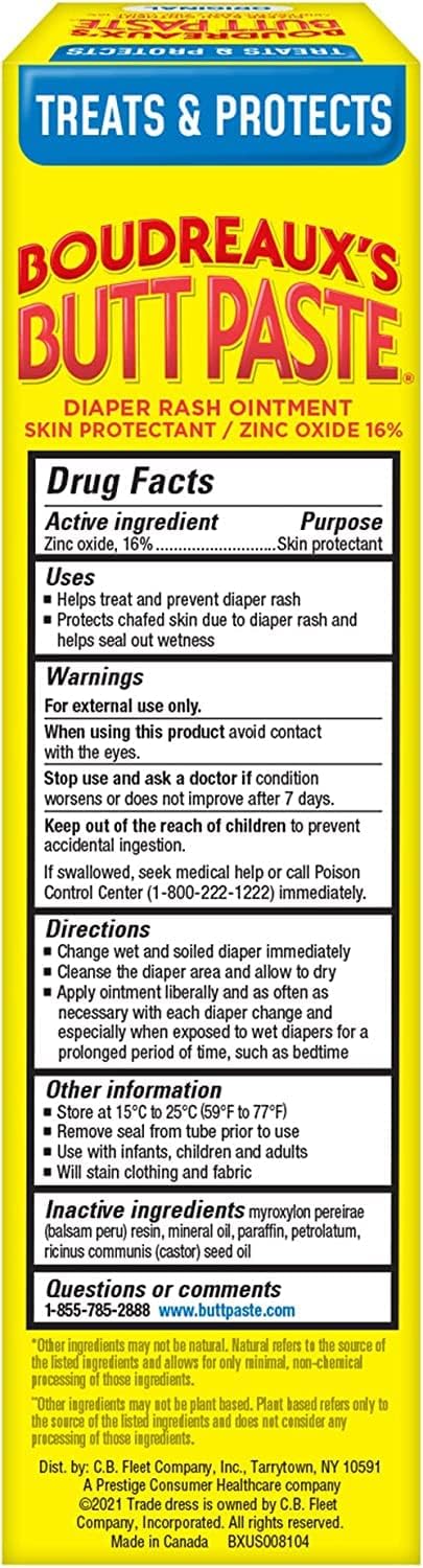 Boudreaux's Butt Paste Original Diaper Rash Cream, Diaper Cream for Baby, Fast Relief from Mild Discomfort, Pediatrician-Recommended Brand, 4 oz Tube