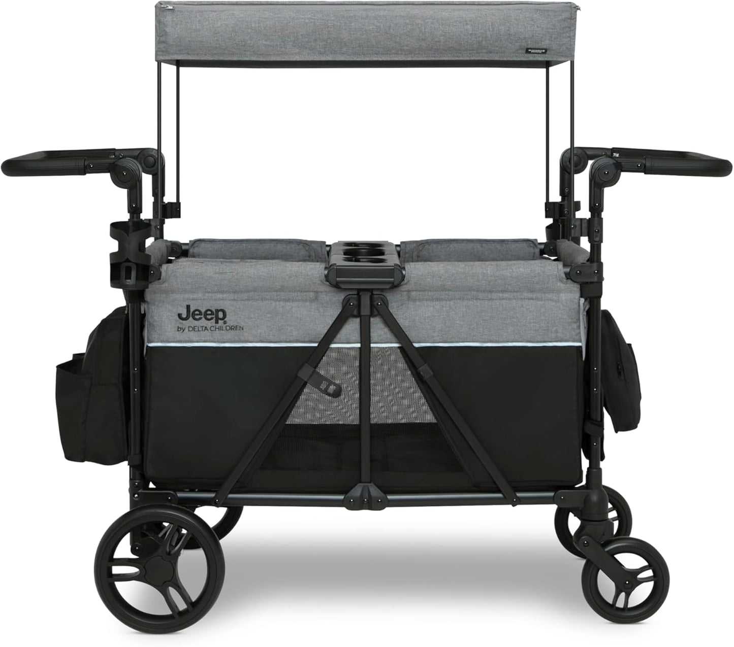 Jeep Aries Stroller Wagon by Delta Children Premium Wagon for 2 Kids with Convertible Seats, Adjustable Push/Pull Handles, Removable Canopy & Flat Fold - Greenguard Gold Certified, Black/Green