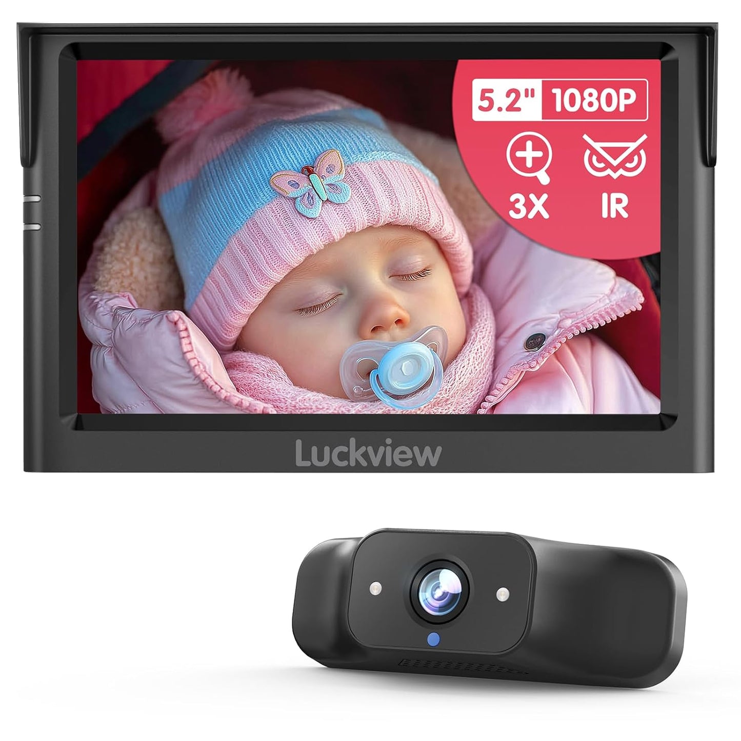LUCKVIEW BM1 Baby Car Camera for Back Seat & Pet Monitoring, 5'' 1080P Monitor with IR Night Vision, 3X Zoom, Crystal Clear View, Easy 5-Min Wired Installation for Peace of Mind