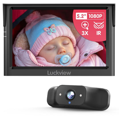 LUCKVIEW BM1 Baby Car Camera for Back Seat & Pet Monitoring, 5'' 1080P Monitor with IR Night Vision, 3X Zoom, Crystal Clear View, Easy 5-Min Wired Installation for Peace of Mind