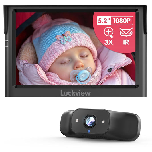 LUCKVIEW BM1 Baby Car Camera for Back Seat & Pet Monitoring, 5'' 1080P Monitor with IR Night Vision, 3X Zoom, Crystal Clear View, Easy 5-Min Wired Installation for Peace of Mind