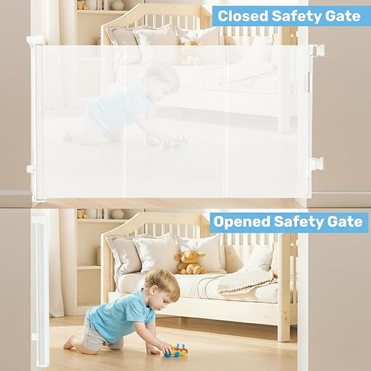 Baby Proof Me Retractable Baby Gates for Stairs & Doorways - 71” Wide Mesh Safety Gate for Toddlers, Dog & Pets - Use for Indoor/Outdoor, Hallways, Deck, Porch - Easy Installation, Secure Closure