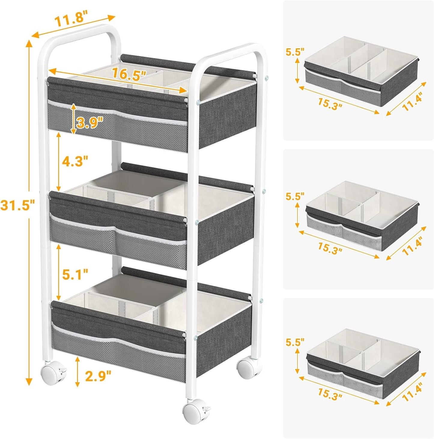 Baby Diaper Caddy Rolling Utility Cart, 3 Tier Baby Essentials Nursery Organizer and Storage with Dividers and Drawers for Crib, Bedroom, Art & Craft Organizer (Black)