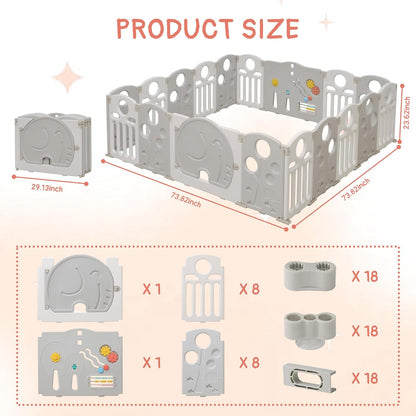 Baby Playpen, 14-Panel Foldable Play Pen for Babies and Toddlers, Indoor Outdoor Baby Fence with Sensory Play Panel, Adjustable Shape Activity Play Center, Portable & Easy Assemble