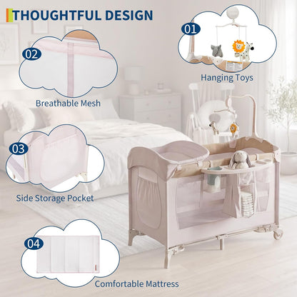 4 in 1 Baby Playard, Portable Bedside Crib with Rocking Bassinet & Diaper Changer, Infant Pack and Play with Mattress, Large Toddler Playpen, Newborn Changing Table, Storage Pocket & Rotating Toy Bar