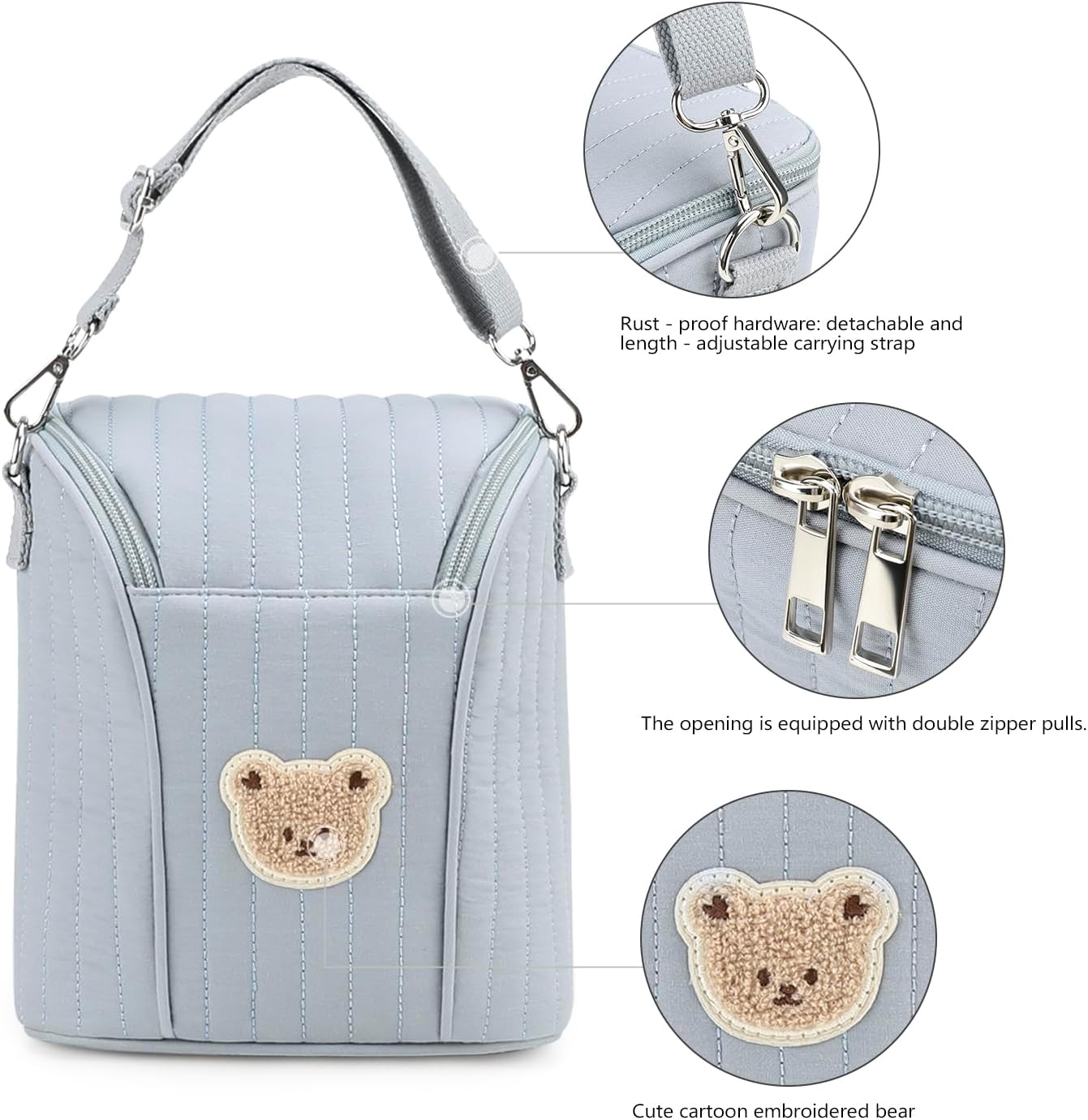 Lmbabter Embroidered Bear Stroller Organizer Tote Bag, Bottle Insulation Pouch, Portable Cooler Storage Essential for Milk/Breast Pump,Baby Travel Supplies (Black)