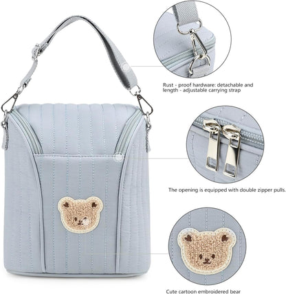Lmbabter Embroidered Bear Stroller Organizer Tote Bag, Bottle Insulation Pouch, Portable Cooler Storage Essential for Milk/Breast Pump,Baby Travel Supplies (Black)