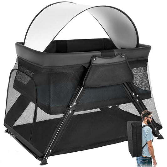 Lilian&Gema 2-in-1 Travel Crib, Portable & Foldable Crib with Backpack, Lightweight Baby Travel Playpen with Thick Mattress for Babies & Toddlers, Baby Travel Essential