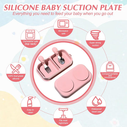 Uiifan 2 Pack Baby Suction Plate Set Silicone Suction Plate with Lid Divided Bowls for Portable Toddler Utensils Compact for Self Feeding Baby Travel Essential(Blue, Sage Green)