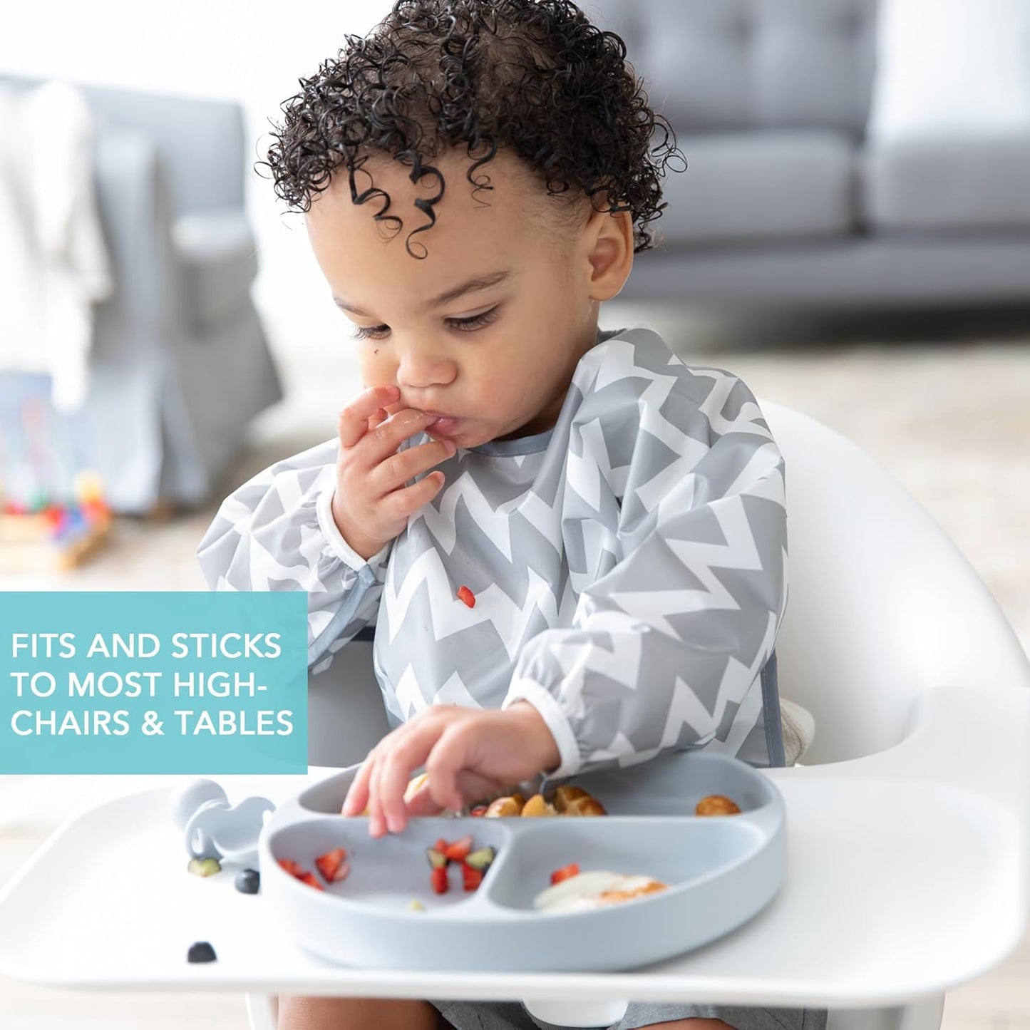 Bumkins Toddler and Baby Suction Plate, Divided Grip Dish for Babies and Kids, Baby Led Weaning, Feeding Supplies, Sticks to Tables and Highchairs, Platinum Silicone, for Chidren 6 Months, Gray
