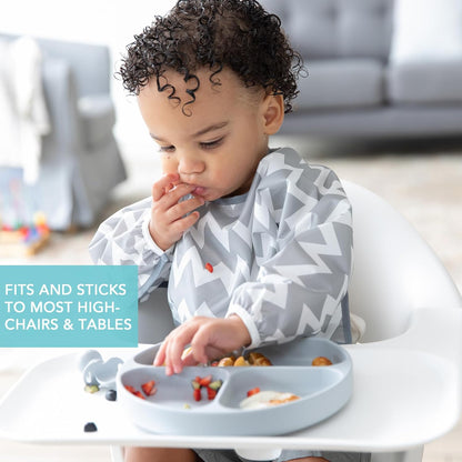 Bumkins Toddler and Baby Suction Plate, Divided Grip Dish for Babies and Kids, Baby Led Weaning, Feeding Supplies, Sticks to Tables and Highchairs, Platinum Silicone, for Chidren 6 Months, Gray