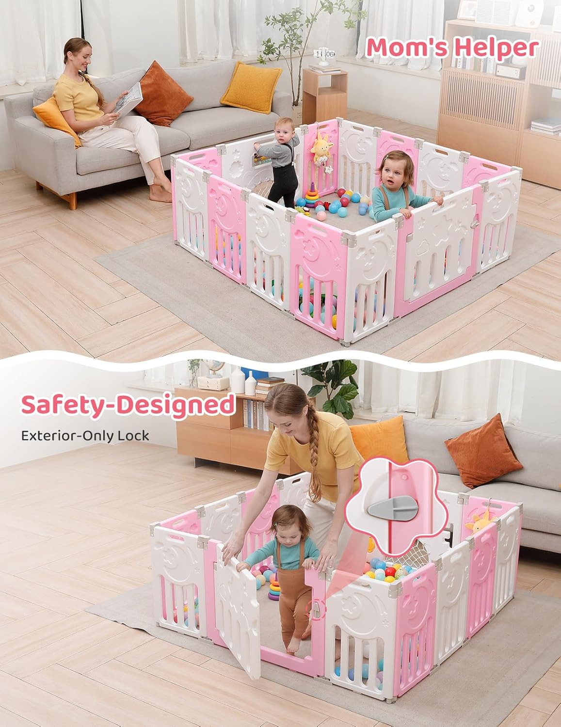 Baby Playpen, Dripex Baby Playard for Babies and Toddlers, 14-Panel Foldable Playpen Adjustable Portable Play Area, Indoor/Outdoor Kids Active Center with Game Panel & Safety Gate, Grey White