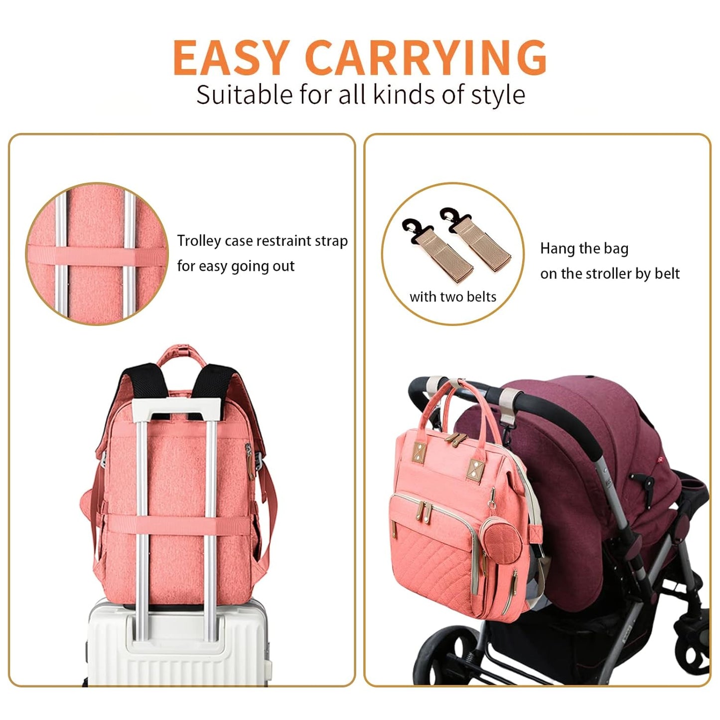 GurZinn Diaper Bag Backpack with Changing Station, Foldable for Bady Toddler, 3 in 1 Large Capacity Newborn Essentials Organizer with Stroller Hook for Girls and Boys（Pink）