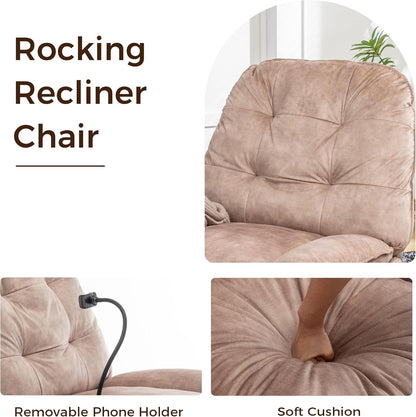 Swivel Rocker Recliner Chair for Adult, Glider Nursery Rocking Chair, Armless Manual Single Recliner Sofa for Living Room, Oversized & Overstuffed, Phone Holder Included, Light Brown Velvet