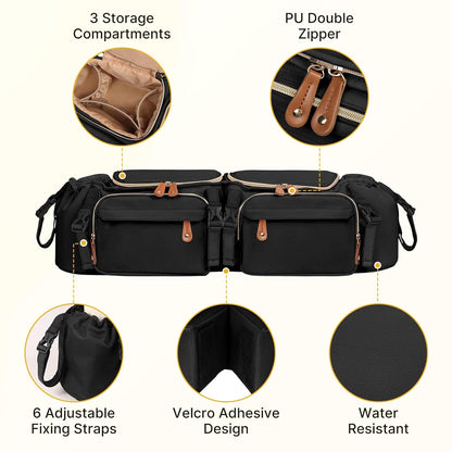 Boomistry Double Stroller Organizer for Bob Duallie and Baby Jogger City Mini GT2, Double Stroller Caddy Organizers with Cup Holder and 2 Cooler Pockets Parent Console Double Stroller Accessories