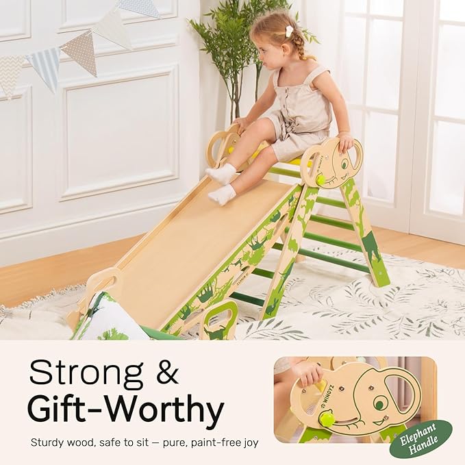 WINGYZ Pikler Triangle Set, Montessori Foldable 8-in-1 Jungle Gym with Reversible Animal Slide, Patent-Protected Climbing Set, Safe 2.35" Gap ASTM F963 Standards for Toddlers 18 Months-7 Years (Green)