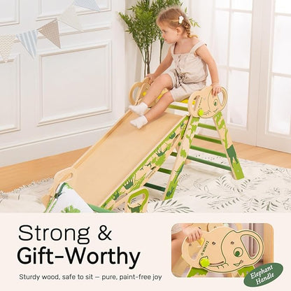 WINGYZ Pikler Triangle Set, Montessori Foldable 8-in-1 Jungle Gym with Reversible Animal Slide, Patent-Protected Climbing Set, Safe 2.35" Gap ASTM F963 Standards for Toddlers 18 Months-7 Years (Green)