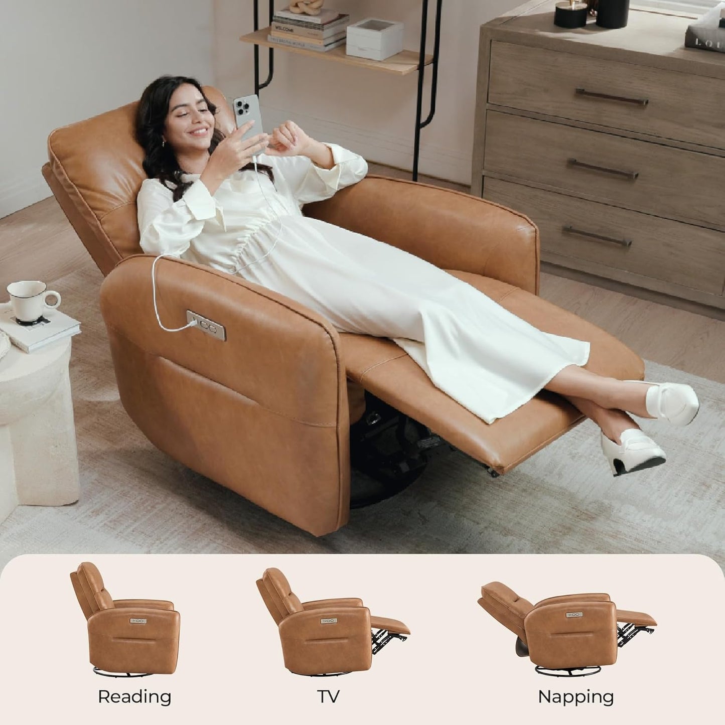 CHITA Power Recliner Chair, Faux Leather Swivel Glider for Adults, Electric Nursery Rocking Chair with USB & Type-C Charging for Living Room, Bedroom, Chocolate Brown