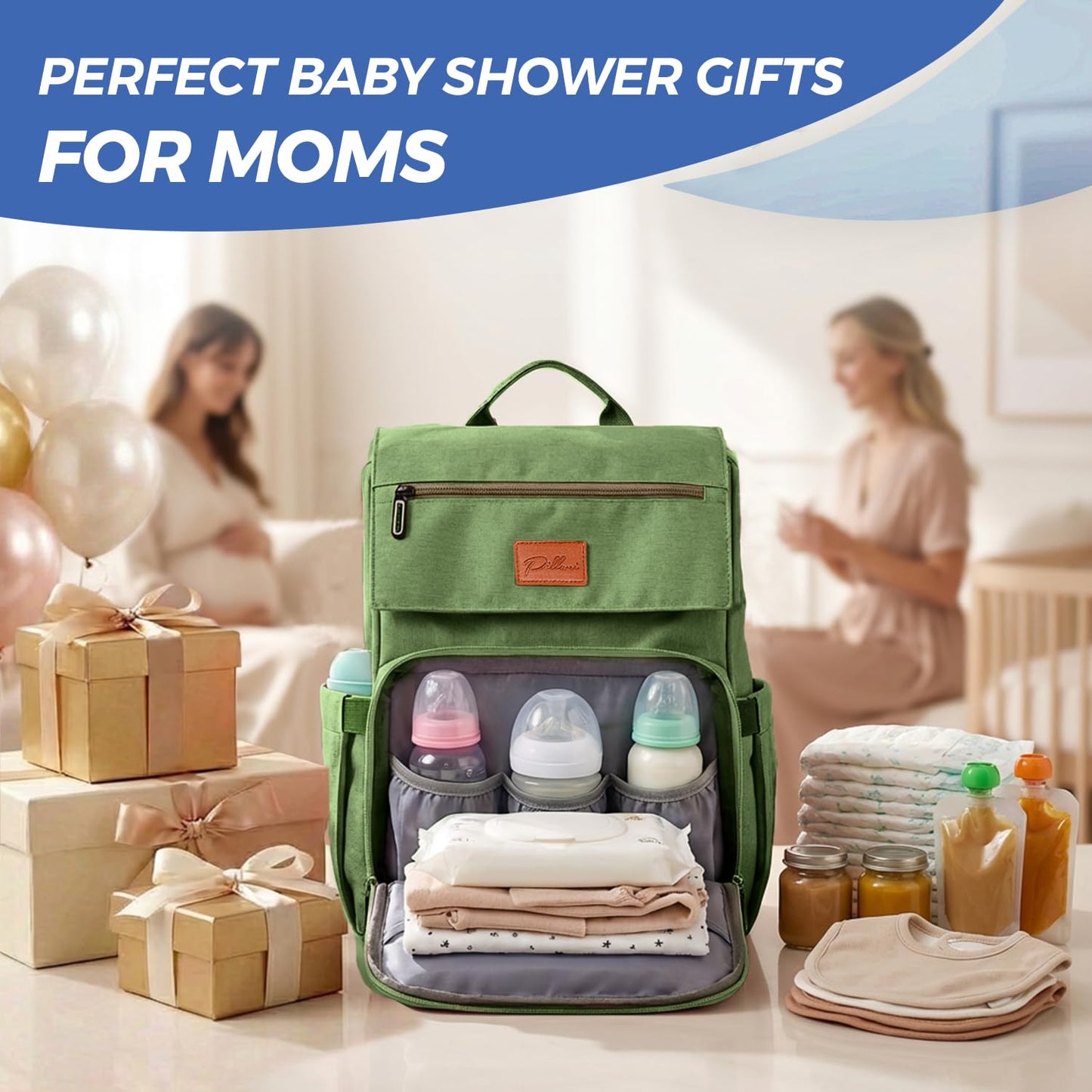 PILLANI Baby Diaper Bag Backpack - Large Waterproof Travel Diaper Bag for Boys & Girls, 16 Organizer Pockets with Changing Pad, Insulated Bottle Pockets & Stroller Straps, Baby Shower Gifts, Dinosaur