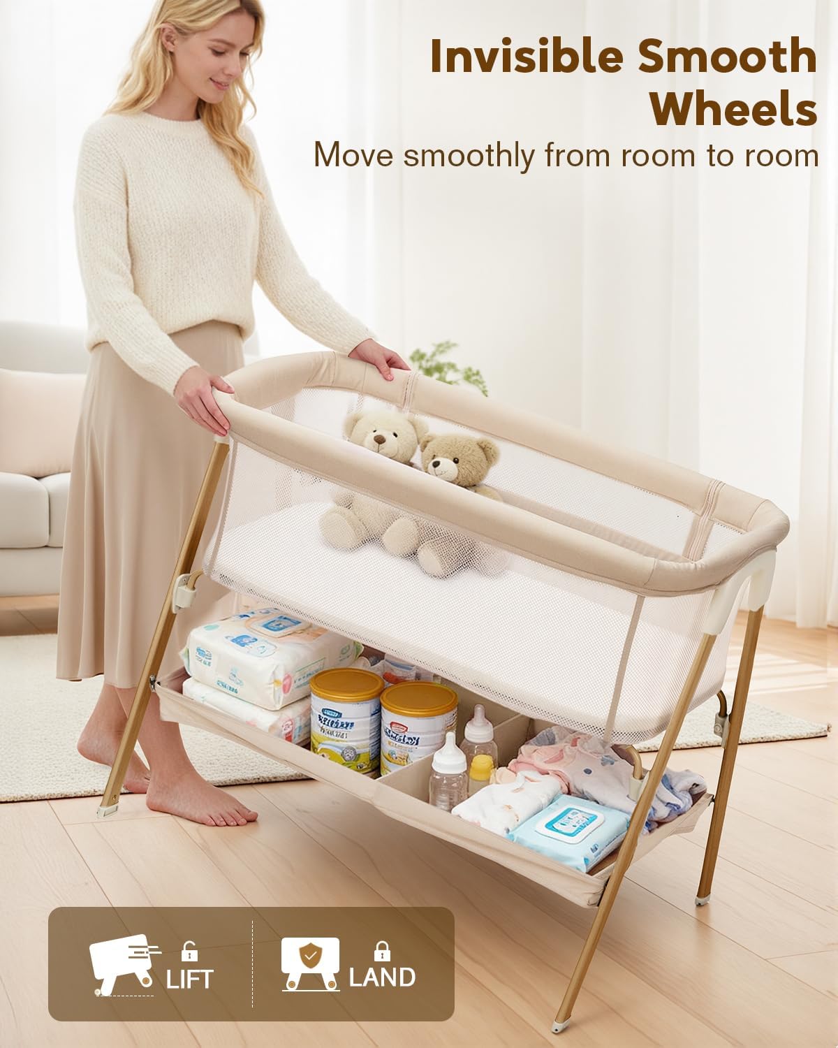 Baby Bassinet, Bedside Bassinet for Baby, Bassinet Bedside Sleeper with Mattress, Storage Basket and 4 Auto-Lock Wheels, Full-Mesh Sides, Bedside Mini Crib for Newborn (Beige)
