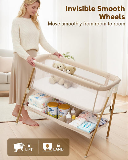 Baby Bassinet, Bedside Bassinet for Baby, Bassinet Bedside Sleeper with Mattress, Storage Basket and 4 Auto-Lock Wheels, Full-Mesh Sides, Bedside Mini Crib for Newborn (Beige)