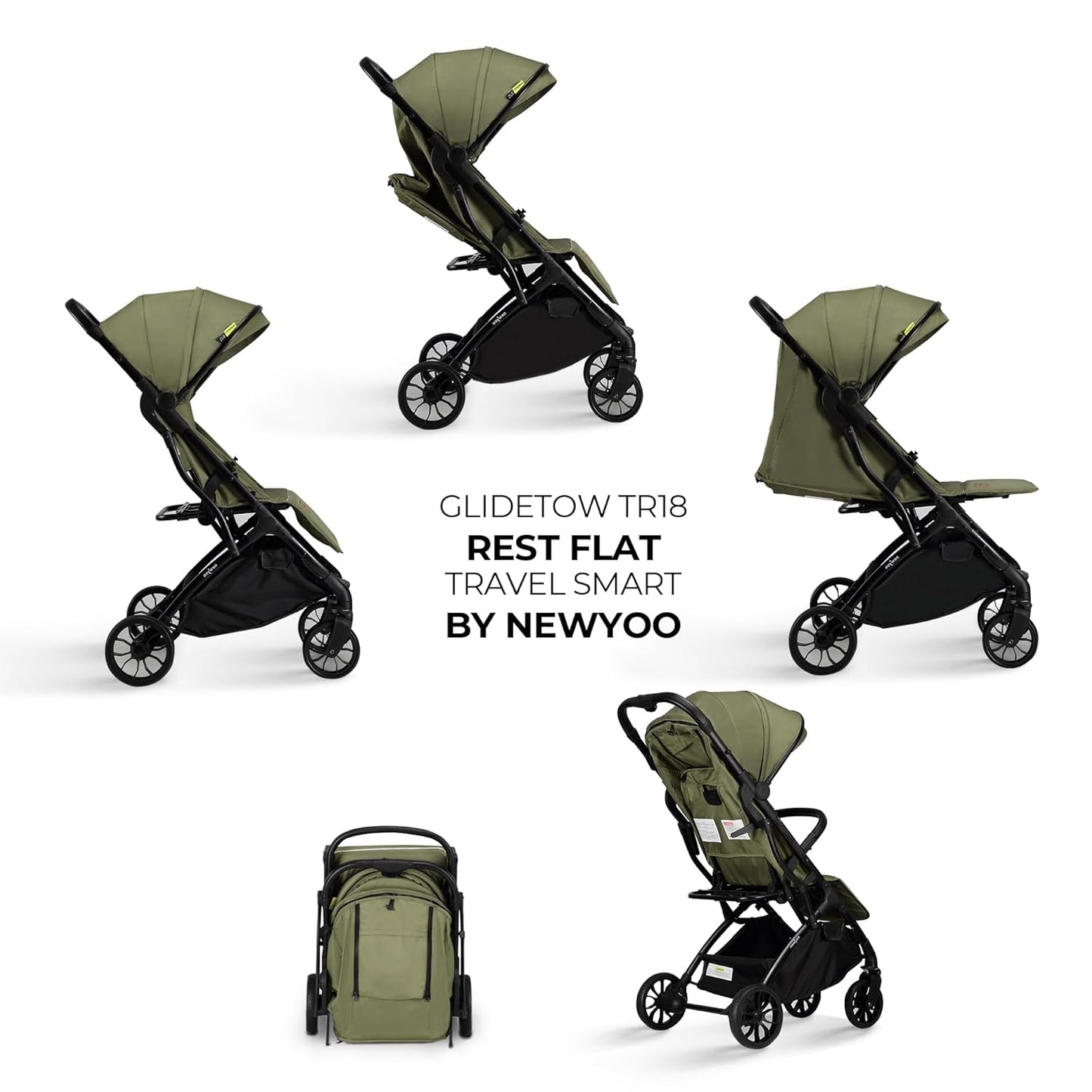 newyoo GlideTow TR18M Compact Travel Stroller for Infant, Lightweight Foldable Baby Stroller with Luggage Handle & Cup Holder, One-Hand Easy Fold, Near Lay Flat Recline Seat, Green