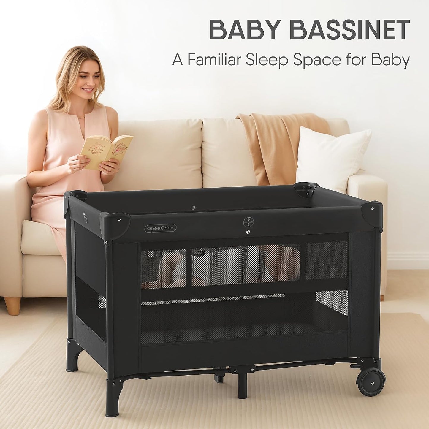 Obee Odee 4-in-1 Baby Bassinet with Playard, Napper Bassinet, Changing Table, Mosquito Net & Canopy, Storage and Toys for Newborn to Toddler