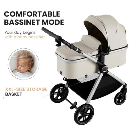 Accombe 2 in 1 Baby Stroller, Convertible Bassinet Pushchair for Infants and Newborns 0-36 Months