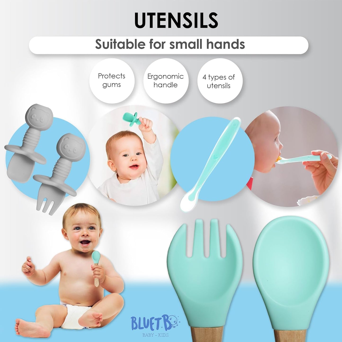 Bluet B- Silicone Baby Feeding Set with Pacifier - Baby Led Weaning Supplies - Baby Spoons, Suction Bowl - Plate - Baby Utensils Set - Silicone Feeding Set for Baby First Foods - 11pcs - Purple