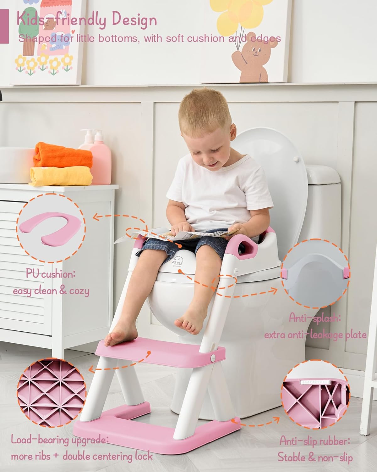 Forbena Toddler Potty Training Seat with Step Stool Ladder, Toilet Potty Seat for Baby Boys Girls Toddlers, Kids Chair Stairs with Handles and Soft Cushion (White and Grey)