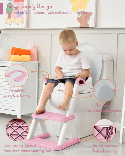 Forbena Toddler Potty Training Seat with Step Stool Ladder, Toilet Potty Seat for Baby Boys Girls Toddlers, Kids Chair Stairs with Handles and Soft Cushion (White and Grey)