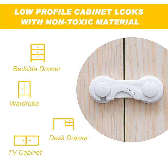 Child Safety Cabinet Locks, Adoric Baby Child Proof Cabinet Kitchen System, Drawers, Adjustable Strap, No Tools or Drilling and Strong Adhesive (8-Pack White)