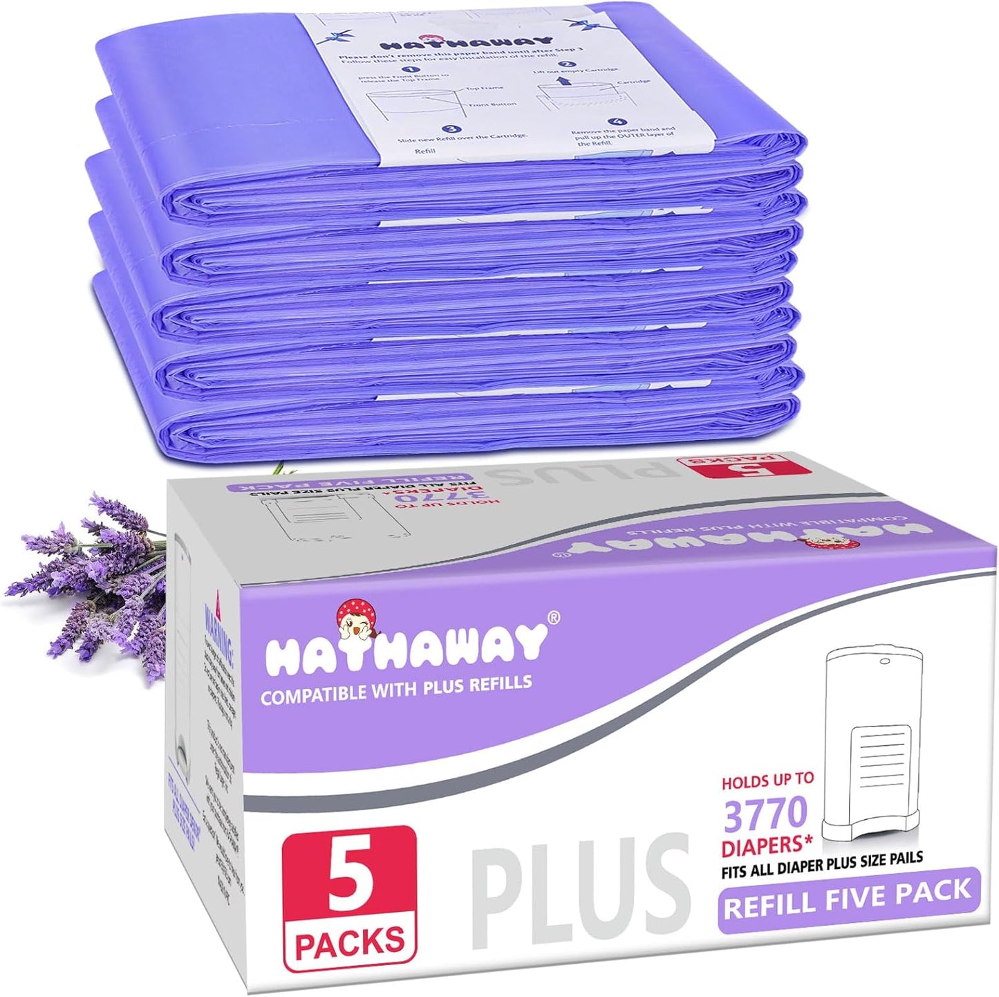 Diaper Pail Refill Bags Compatible With Dekor Plus Diaper Pail, Extra 30% Length, Lavender Scent, 10 Pack